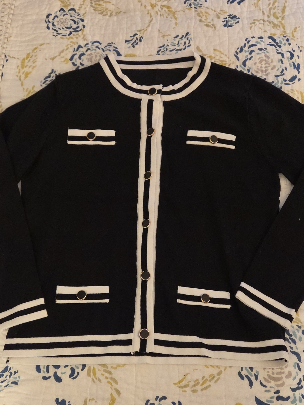 Classic Black & White Trim Women's Cardigan Sweater